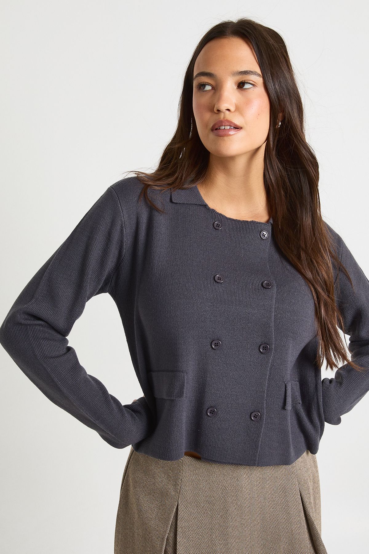 Double Button Collared Knitted Cardigan - Image 3