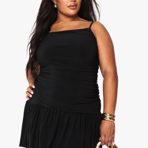 Plus Double Layer Ruched Drop Hem Mini Dress