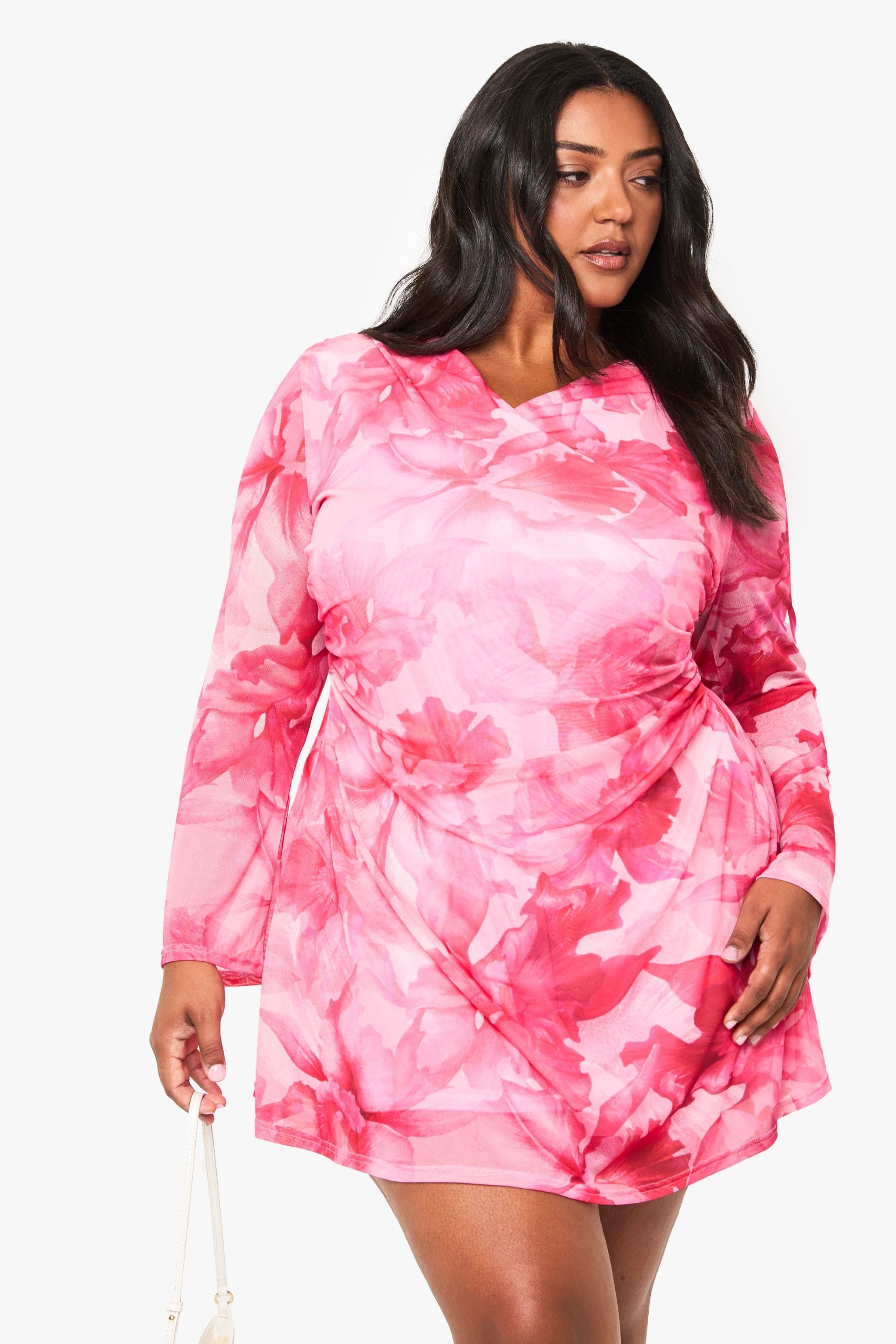 plus floral mesh wrap mini dress