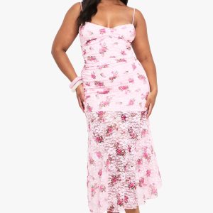 Plus Floral Lace Ruched Midaxi Dress