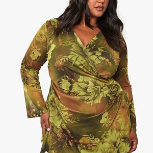 plus floral mesh wrap mini dress
