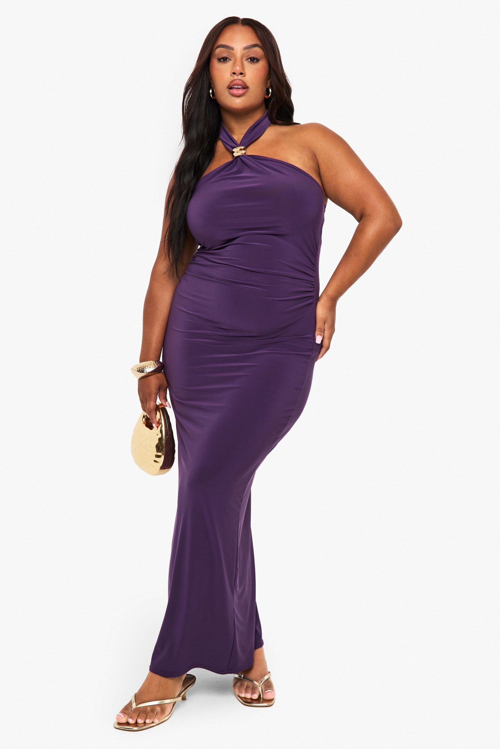 Plus Trim Detail Halterneck Ruched Maxi Dress