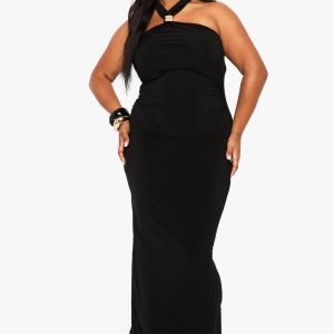 Plus Trim Detail Halterneck Ruched Maxi Dress