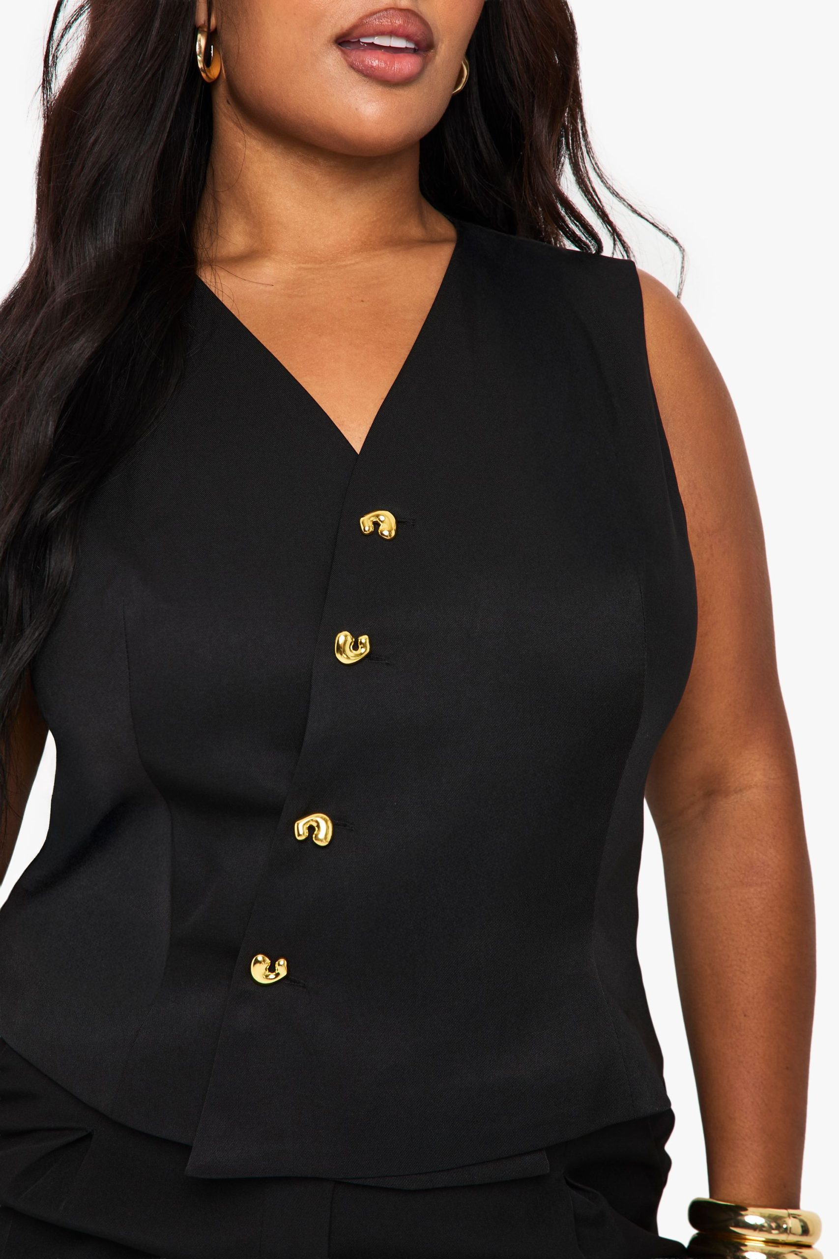 Plus Tailored Gold Button Asymmetric Waistcoat - Image 4