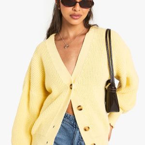 Balloon Sleeve Button Through Rib Cardigan