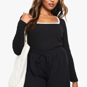 Plus Rib Contrast Binding Square Neck Long Sleeve Bodysuit