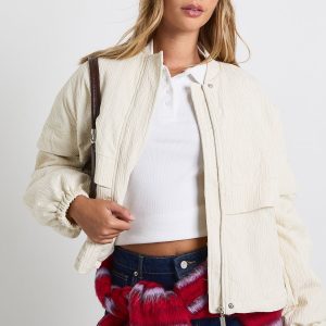 Textured Collarless Bomber Jacket