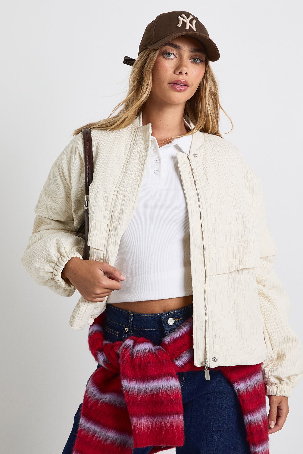 Textured Collarless Bomber Jacket