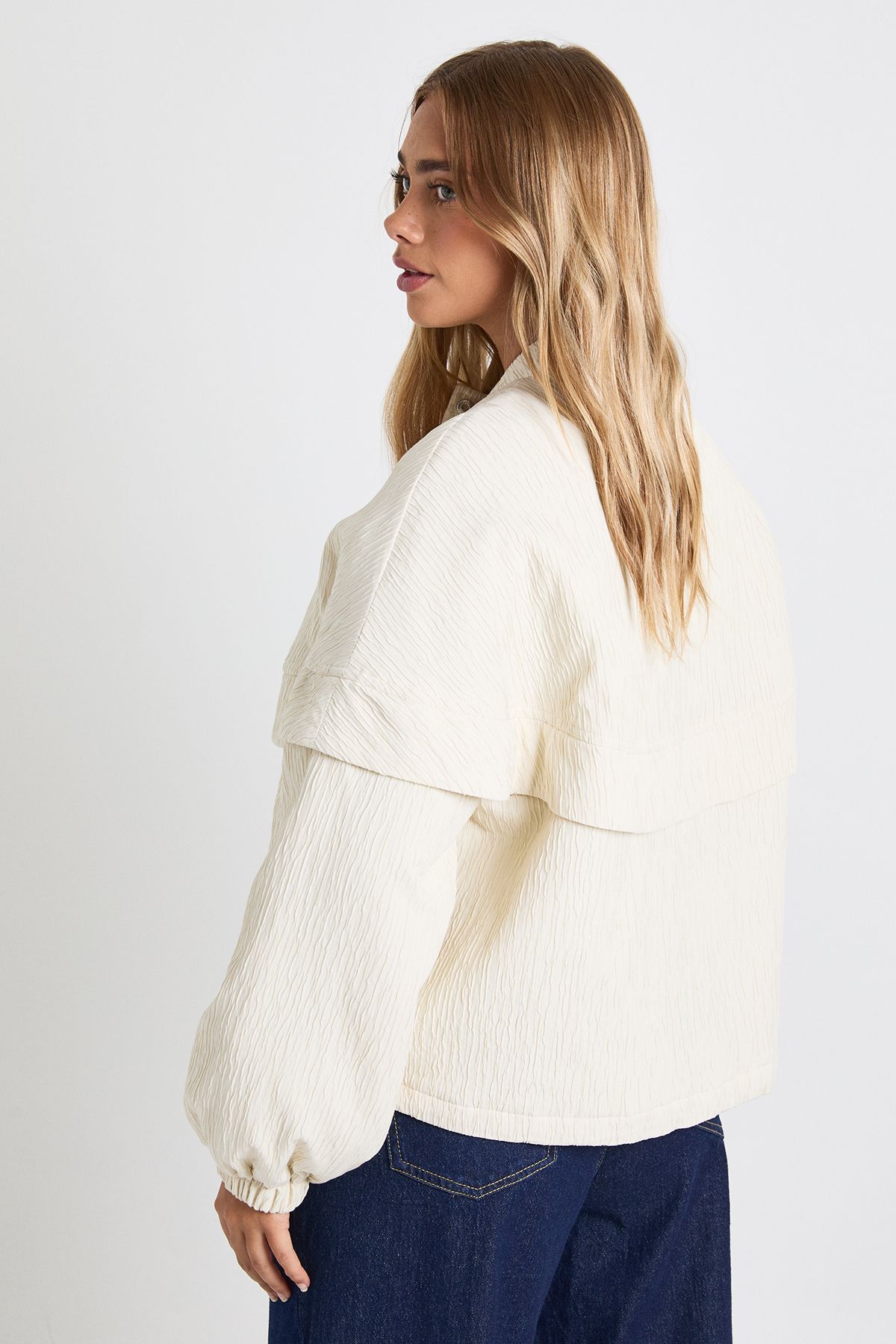 Textured Collarless Bomber Jacket - Image 2