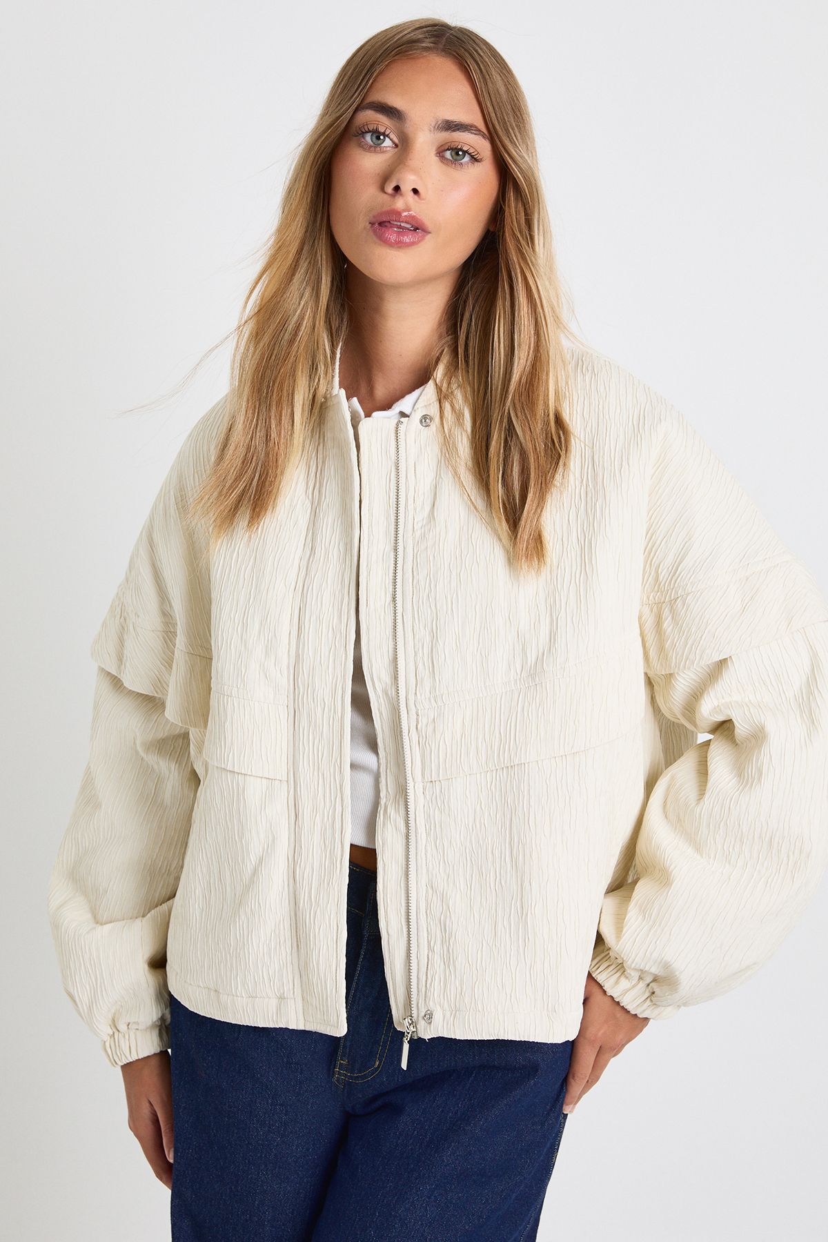 Textured Collarless Bomber Jacket - Image 3