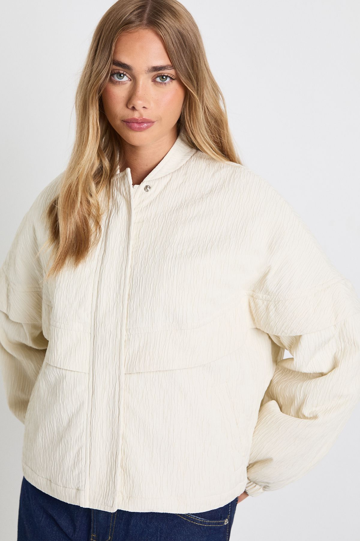 Textured Collarless Bomber Jacket - Image 4