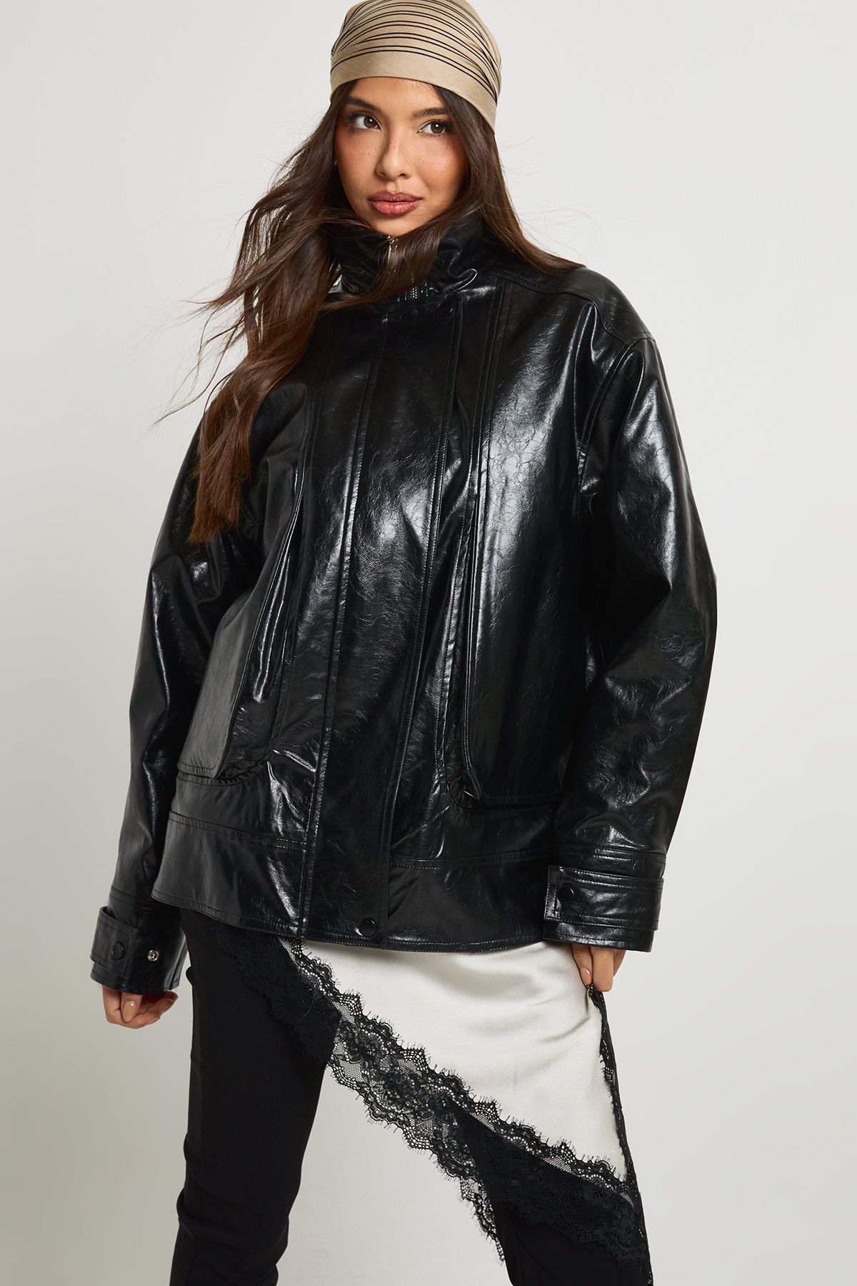 Teddy Lined Faux Leather Bomber Jacket