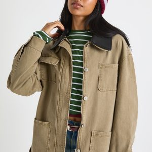 Faux Leather Contrast Collar Barn Jacket