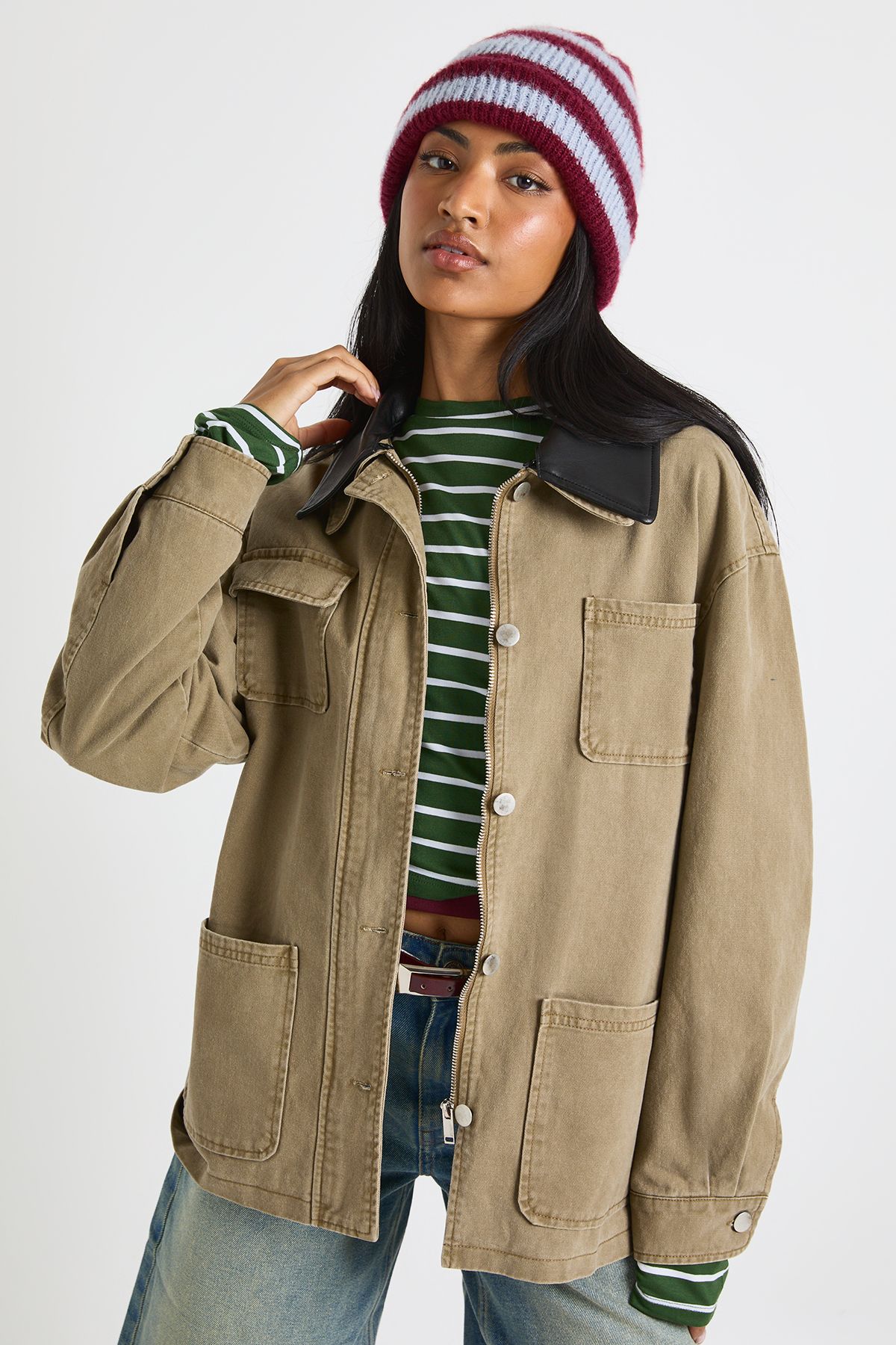 Faux Leather Contrast Collar Barn Jacket
