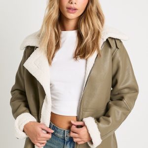 Teddy Trim Bonded Faux Leather Aviator Jacket