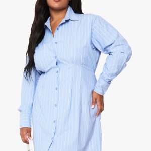 Plus Poplin Stripe Cinched Shirt Dress