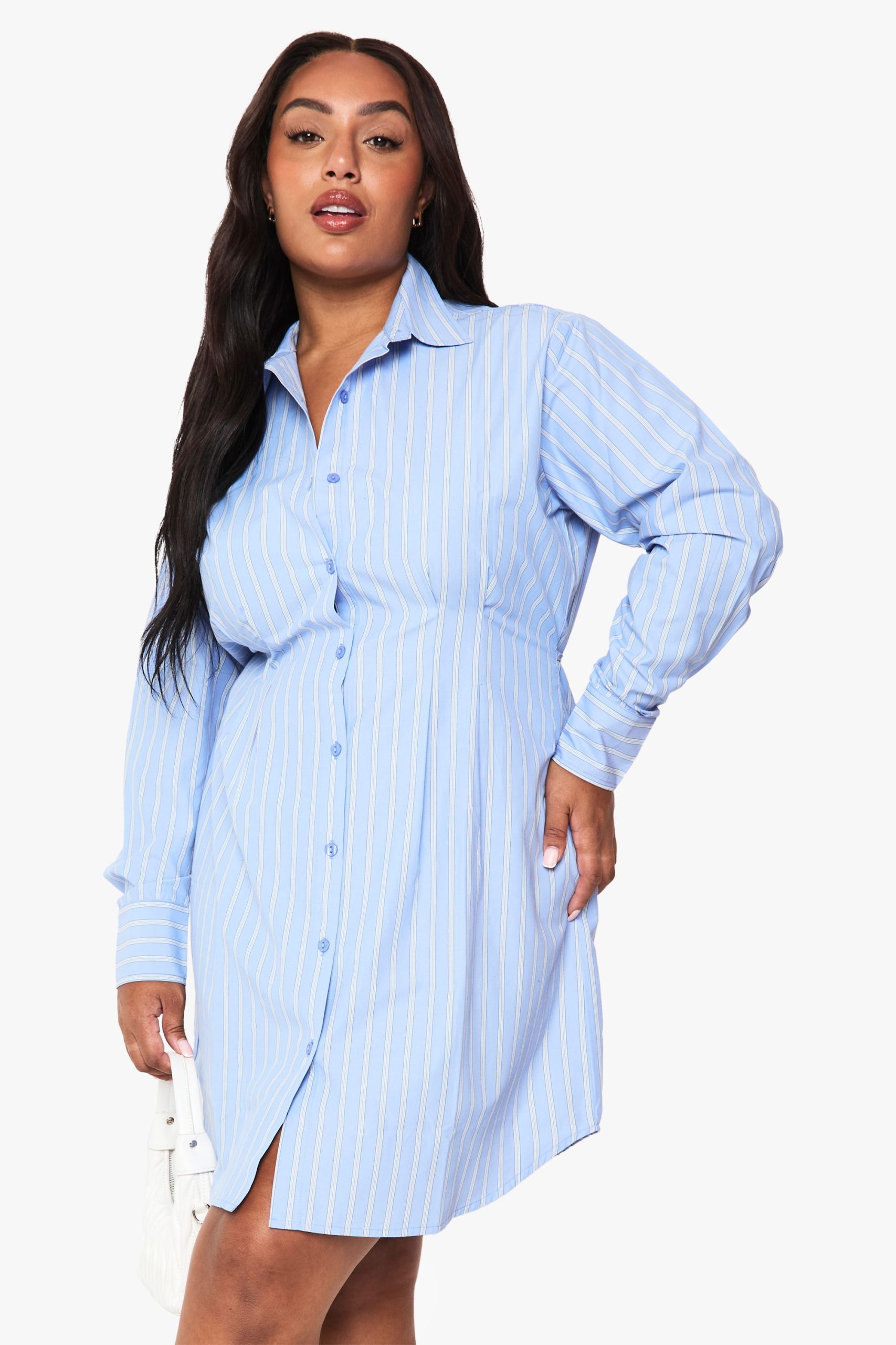 Plus Poplin Stripe Cinched Shirt Dress