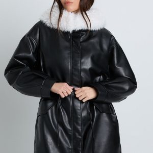 Faux Fur Collar Faux Leather Cinched Waist Jacket