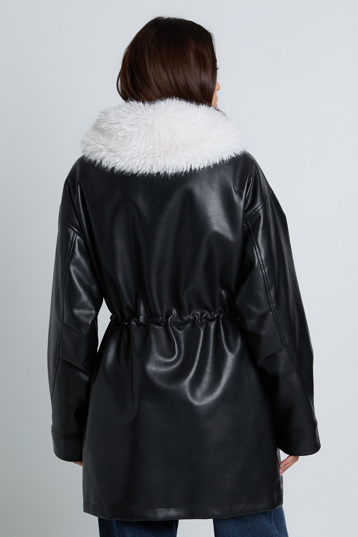 Faux Fur Collar Faux Leather Cinched Waist Jacket - Image 2