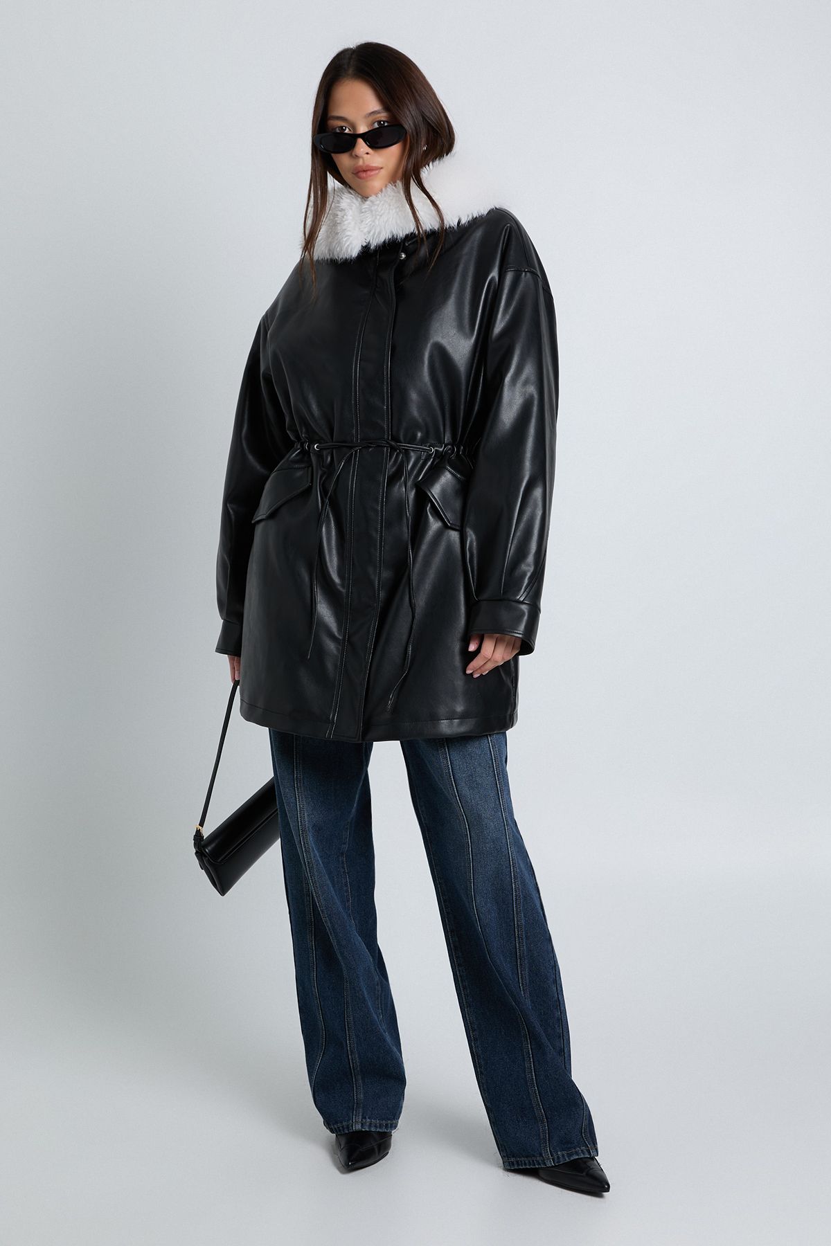 Faux Fur Collar Faux Leather Cinched Waist Jacket - Image 3