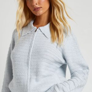 Textured Knit Collar Detail Zip Through Knitted Cardigan