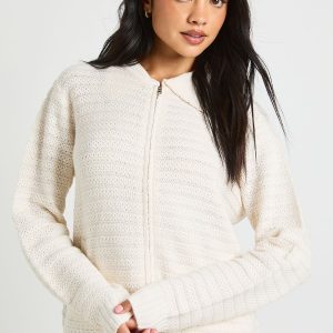 Textured Knit Collar Detail Zip Through Knitted Cardigan