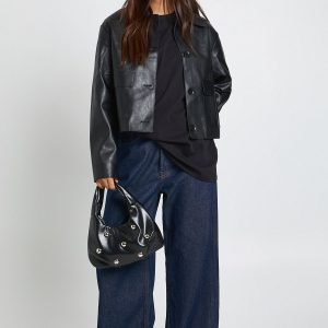 Collared Button Up Faux Leather Jacket