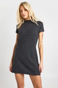 High Neck Short Sleeve Knitted Mini Dress