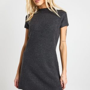 High Neck Short Sleeve Knitted Mini Dress