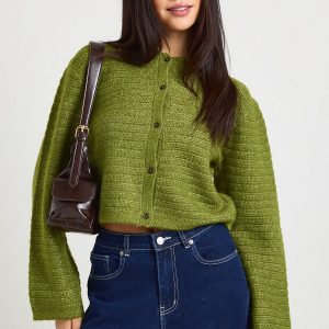 Textured Knit Collar Detail Button Through Knitted Cardigan