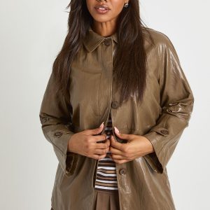 Short Collared Faux Leather Trench Coat