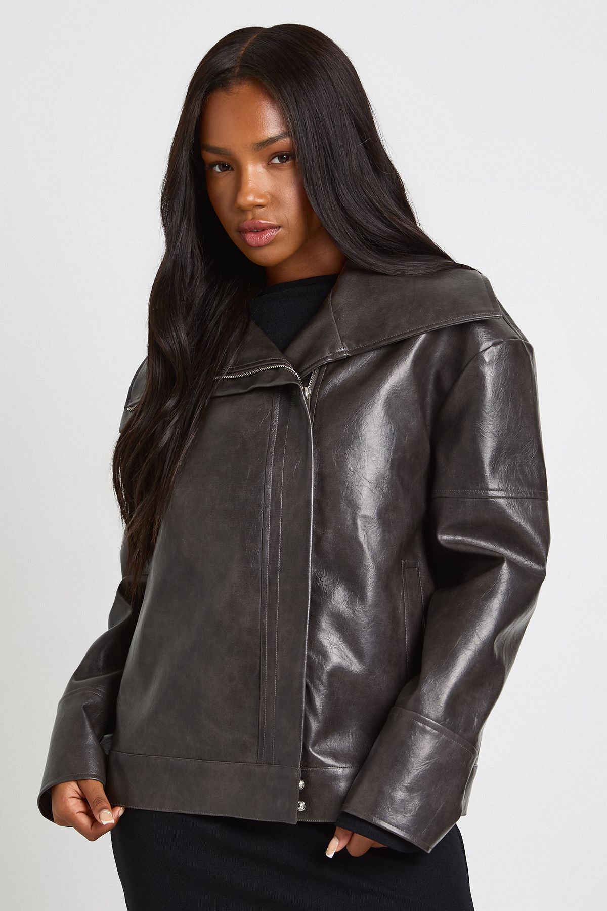 Oversized Collar PU Jacket - Image 2
