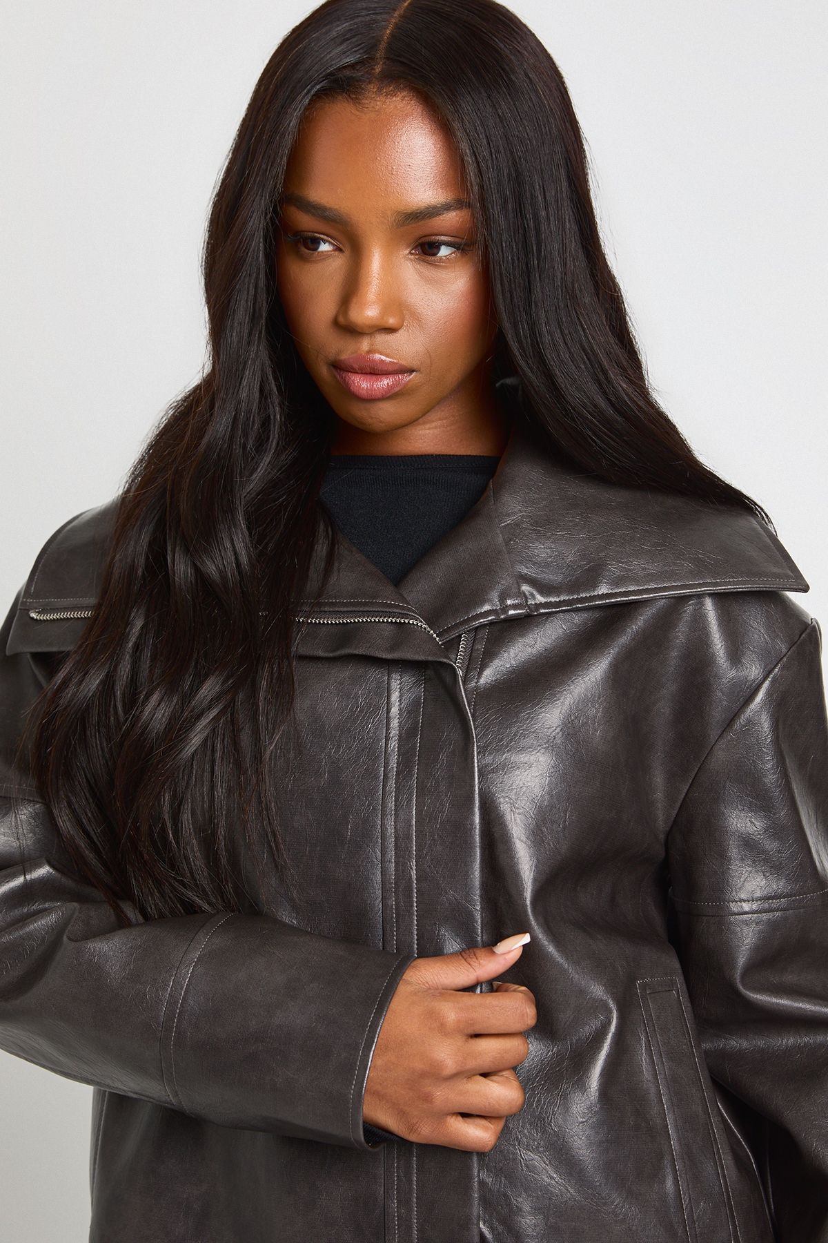 Oversized Collar PU Jacket - Image 4