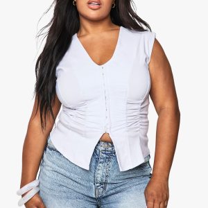 Plus Bengaline Ruched Sleeveless Hook & Eye Top