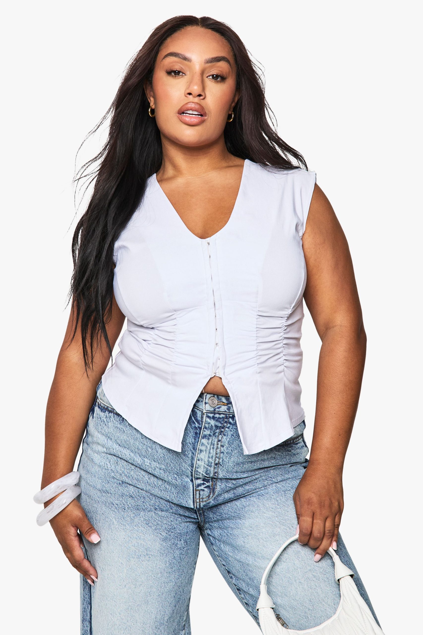 Plus Bengaline Ruched Sleeveless Hook & Eye Top