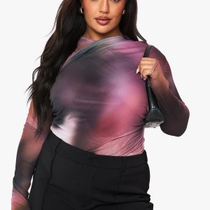 Plus Printed Mesh Cross Over Bodysuit