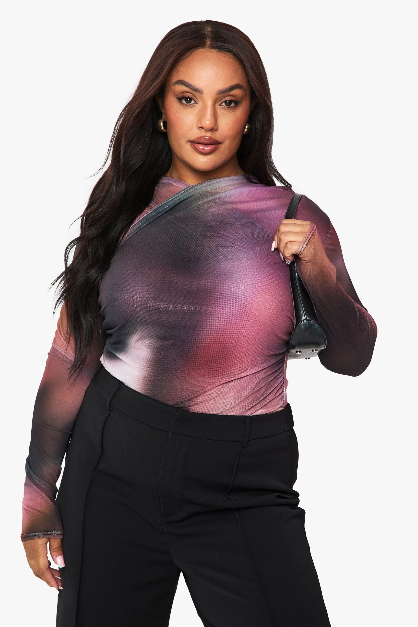 Plus Printed Mesh Cross Over Bodysuit
