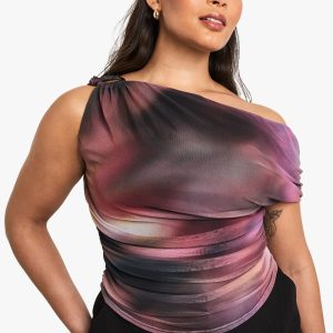 Plus Abstract Asymmetric Ruched Top