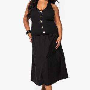 Plus Starfish Gold Trim Rib Poplin Mix Midaxi Dress