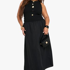 Plus Gold Trim Rib Poplin Mix Midaxi Cap Sleeve Dress
