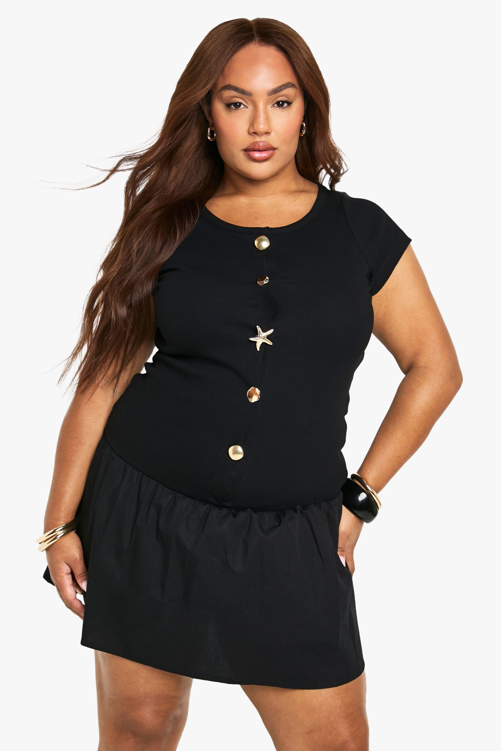 Plus Gold Trim Rib Poplin Mix Mini Dress - Image 3
