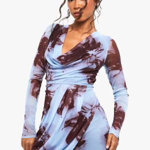 Blurred Floral Cowl Wrap Mini Dress