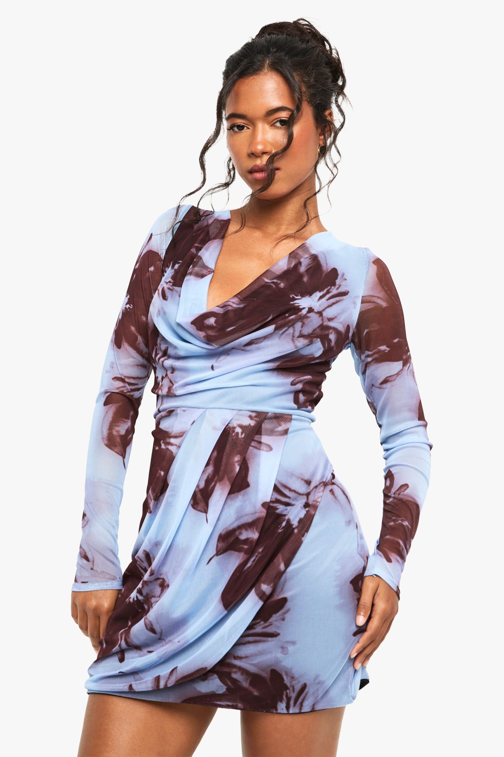 Blurred Floral Cowl Wrap Mini Dress