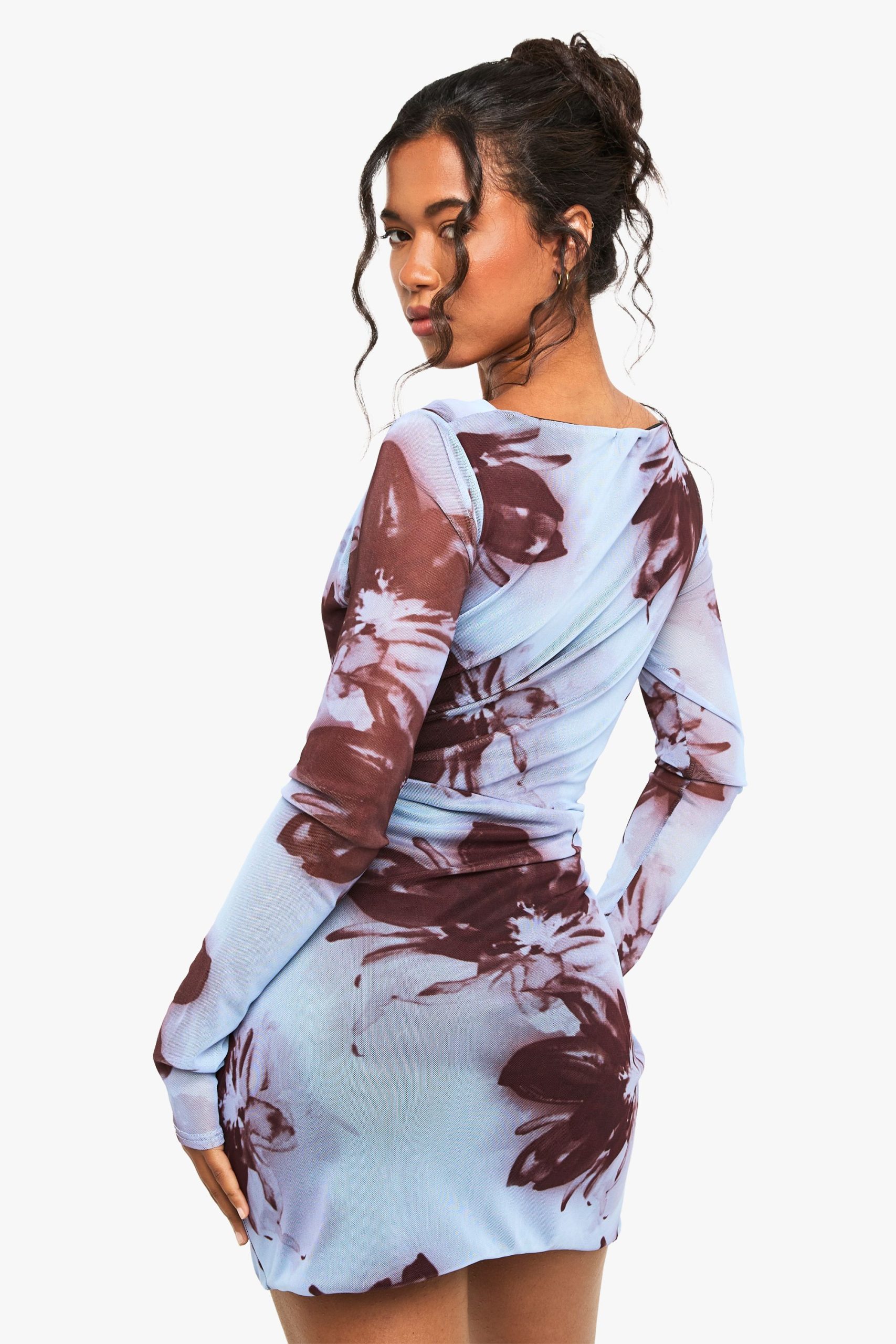 Blurred Floral Cowl Wrap Mini Dress - Image 2