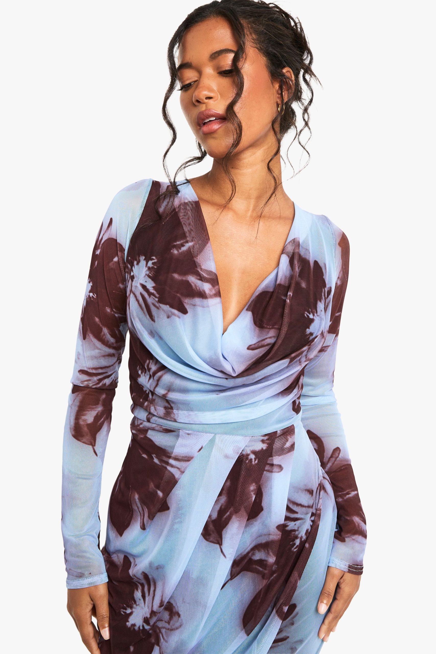 Blurred Floral Cowl Wrap Mini Dress - Image 4
