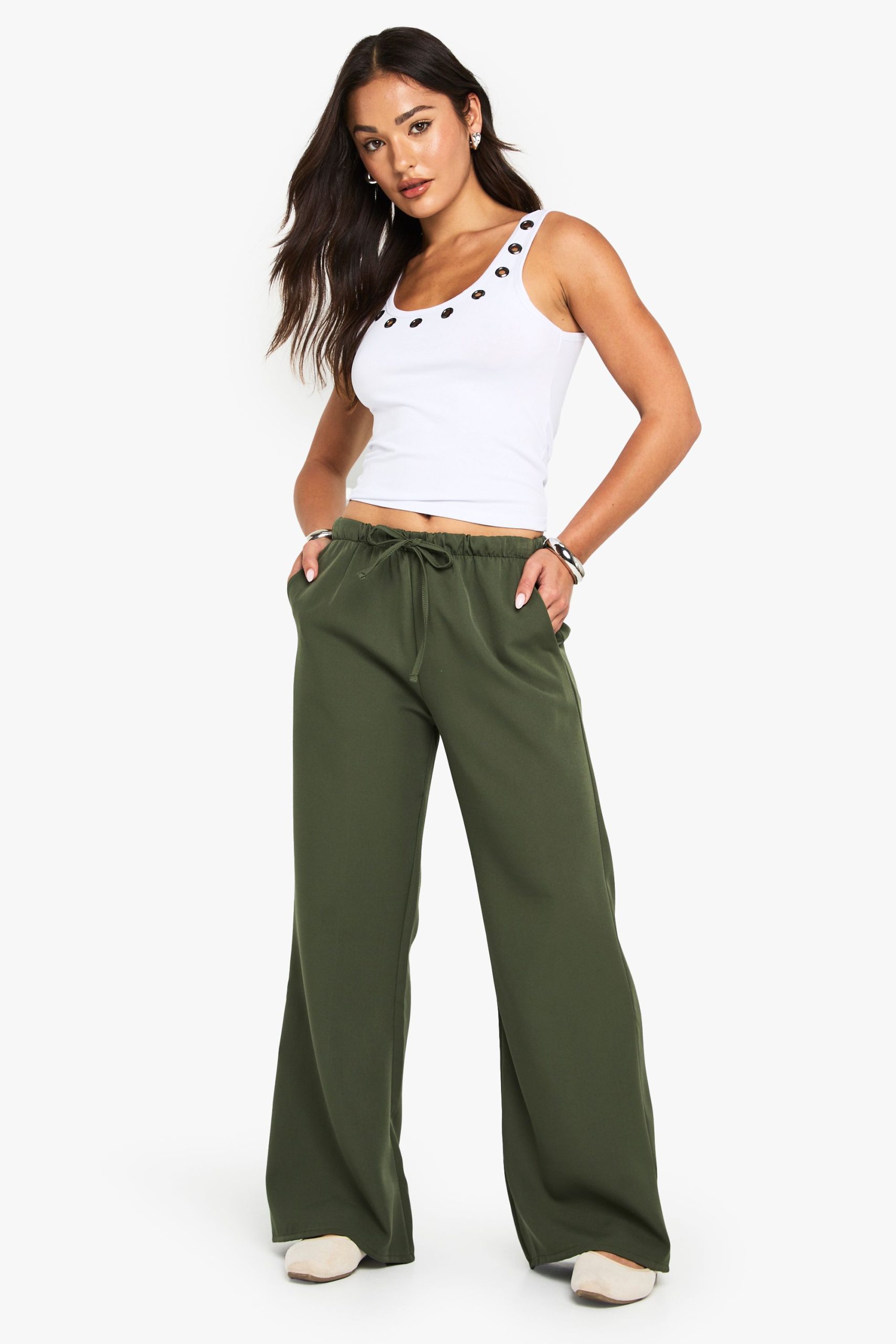 Petite Woven Elasticated Waist Straight Leg Trousers