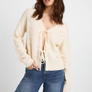 Pointelle Detail Tie Front Knitted Cardigan