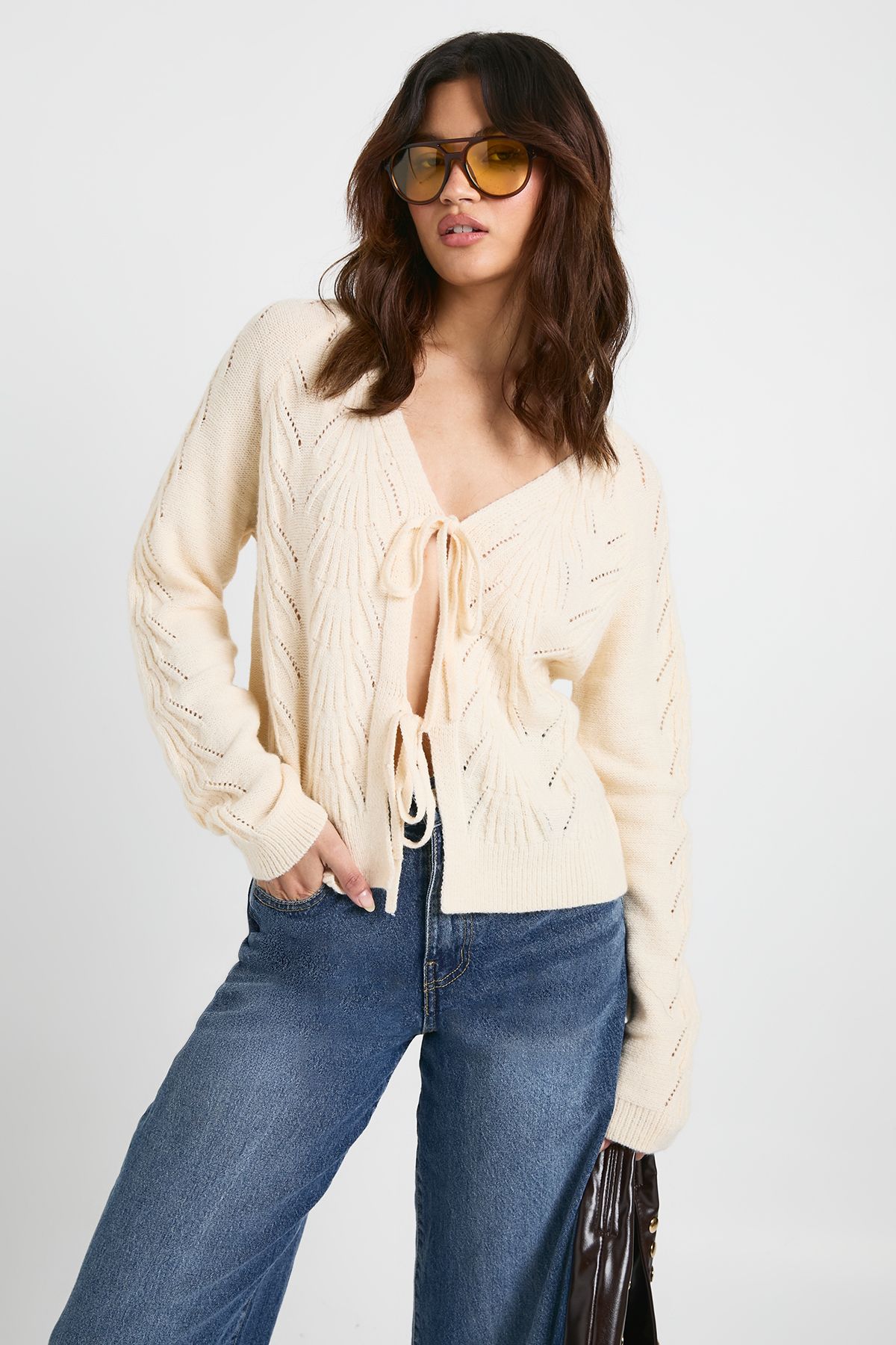 Pointelle Detail Tie Front Knitted Cardigan