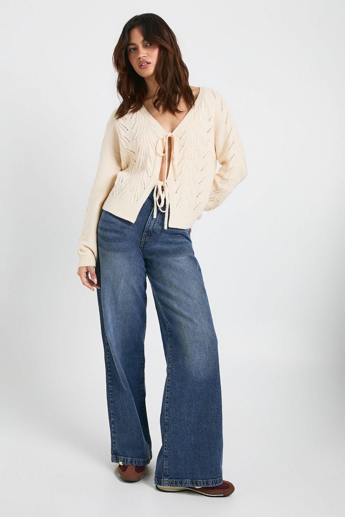 Pointelle Detail Tie Front Knitted Cardigan - Image 3