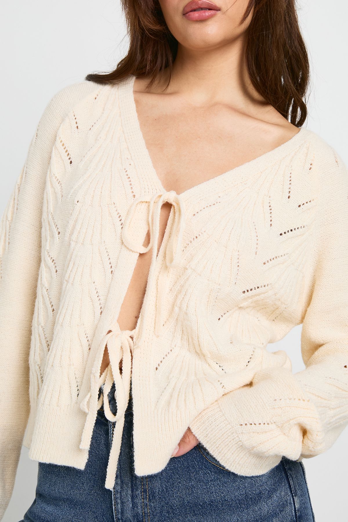 Pointelle Detail Tie Front Knitted Cardigan - Image 4